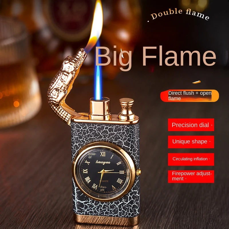 Crocodile Metal Portable Windproof Unusual Wrist Watch Cigarette Cigar Lighters Double Fire Torch Lighter Butane Gas Lighter