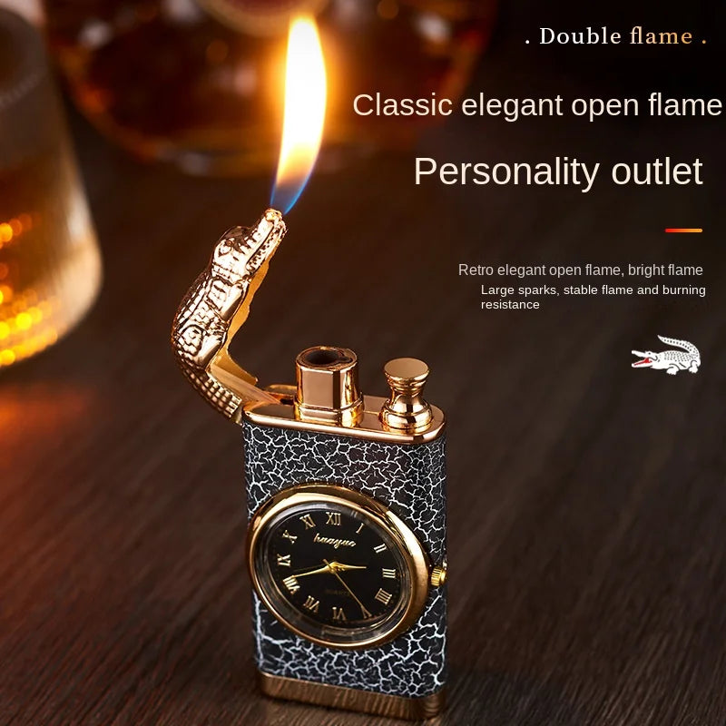 Crocodile Metal Portable Windproof Unusual Wrist Watch Cigarette Cigar Lighters Double Fire Torch Lighter Butane Gas Lighter