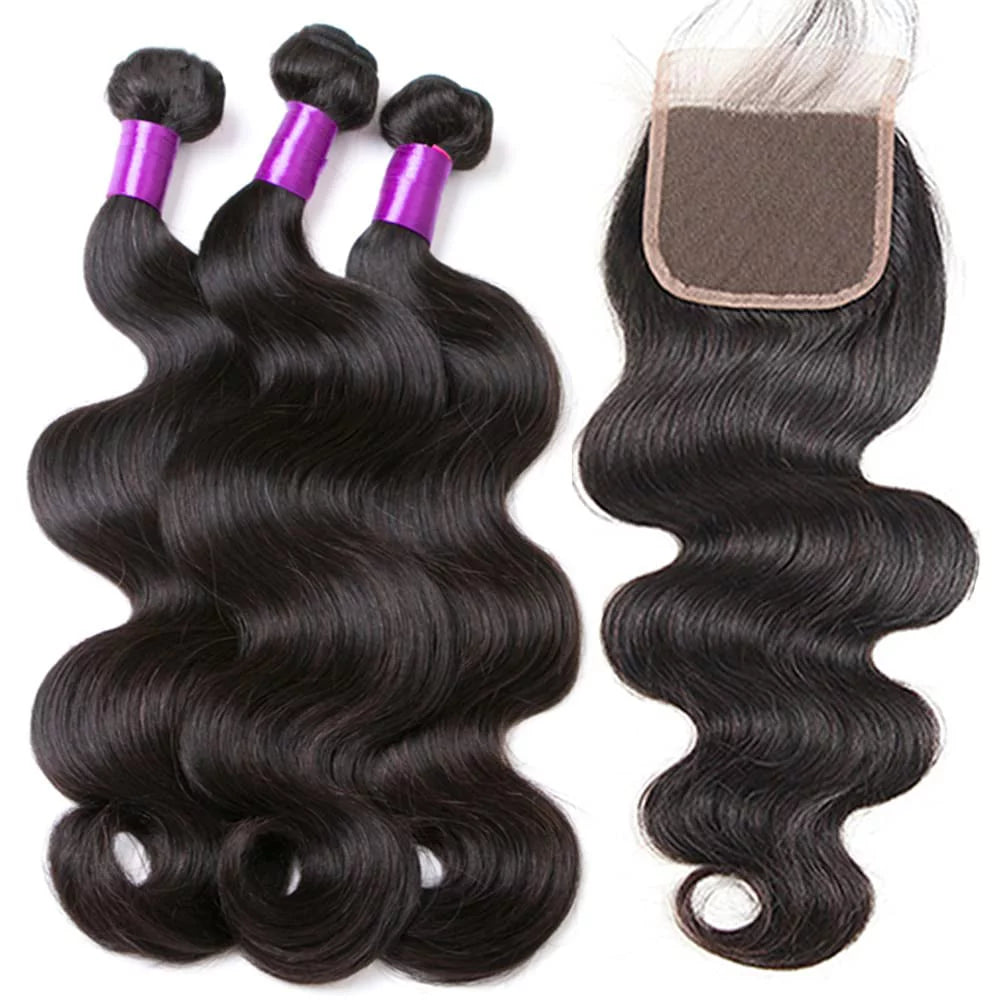 Brazilian Body Wave 3 Bundles with Closure (20 22 24+18) 100% Unprocessed Brazilian Body Wave Human Hair Bundles with 4X4 Lace Closure Free Part Natural Color