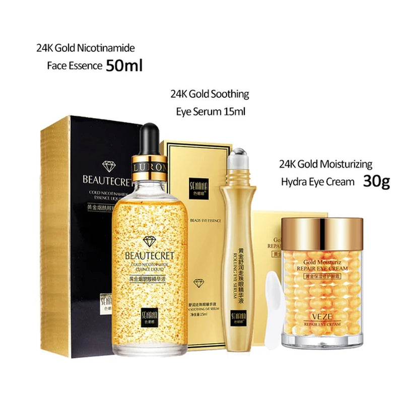 Face Cream Kit 24K Gold Niacinamide Essence Remove Dark Eye Circles Eye Serum Firming Eye Cream Face Care Set Korean Cosmetics