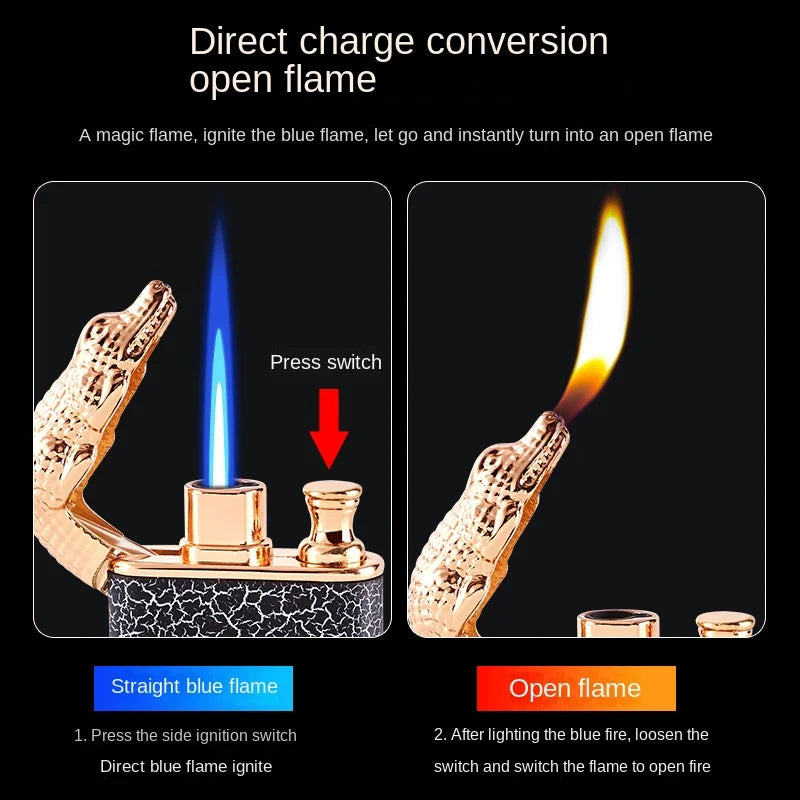 Crocodile Metal Portable Windproof Unusual Wrist Watch Cigarette Cigar Lighters Double Fire Torch Lighter Butane Gas Lighter