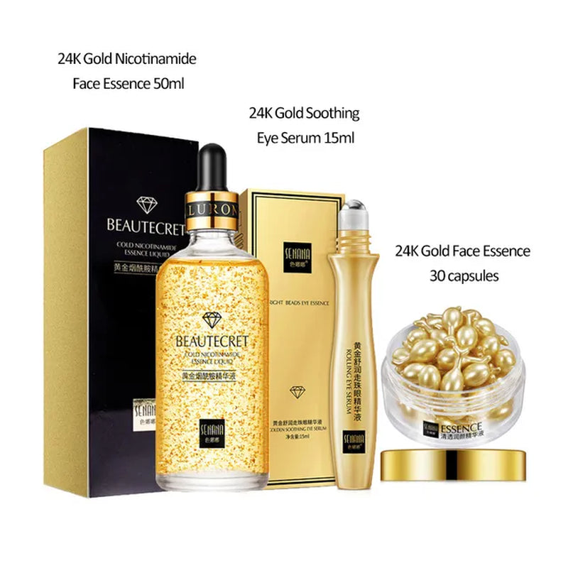 Face Cream Kit 24K Gold Niacinamide Essence Remove Dark Eye Circles Eye Serum Firming Eye Cream Face Care Set Korean Cosmetics