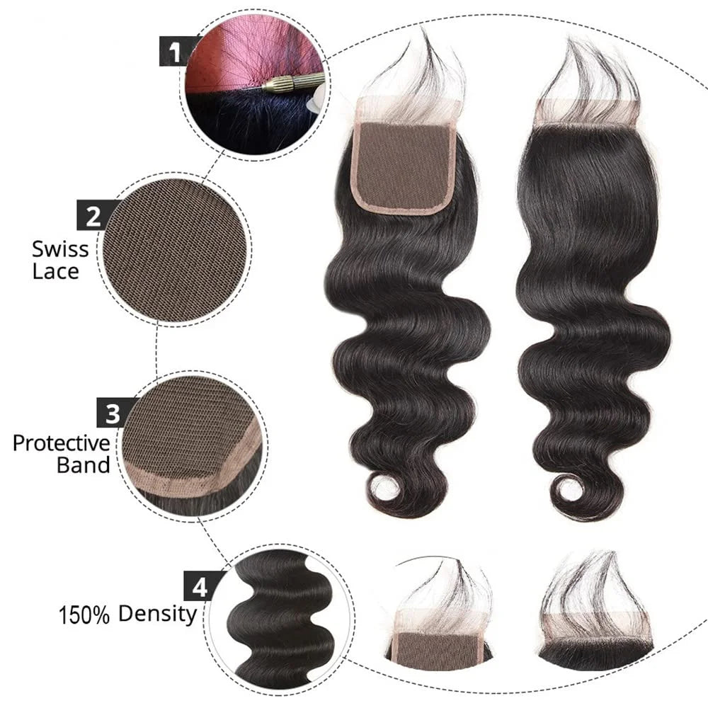 Brazilian Body Wave 3 Bundles with Closure (20 22 24+18) 100% Unprocessed Brazilian Body Wave Human Hair Bundles with 4X4 Lace Closure Free Part Natural Color