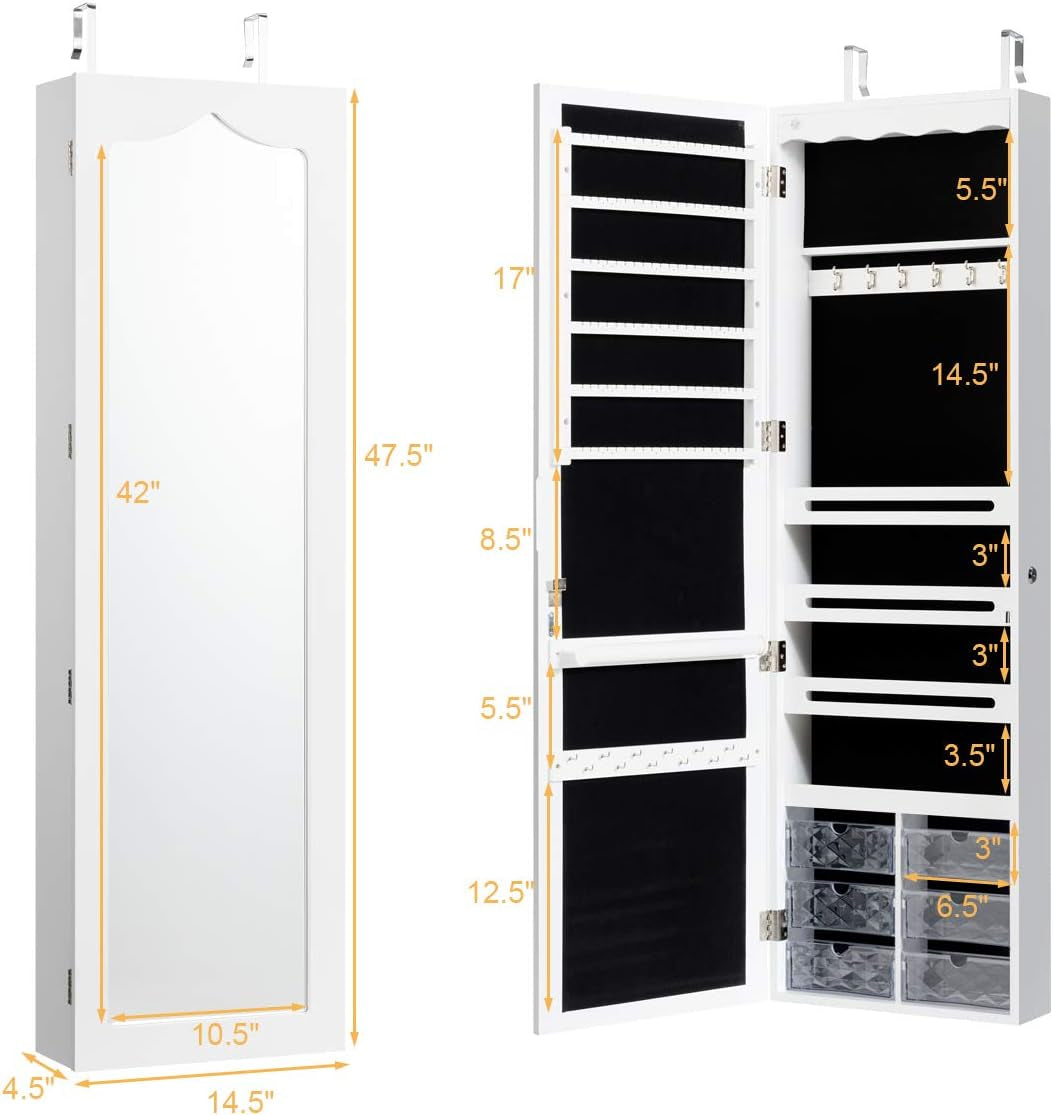 Jewelry Cabinet Armoire, Wall Mount Door Hanging, Lockable Jewelry Organizer with 47.5'' Full Length Mirror, 5 Lights, Large Jewelry Storage Box with 6 Acrylic Drawers (White)