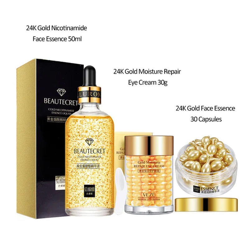 Face Cream Kit 24K Gold Niacinamide Essence Remove Dark Eye Circles Eye Serum Firming Eye Cream Face Care Set Korean Cosmetics