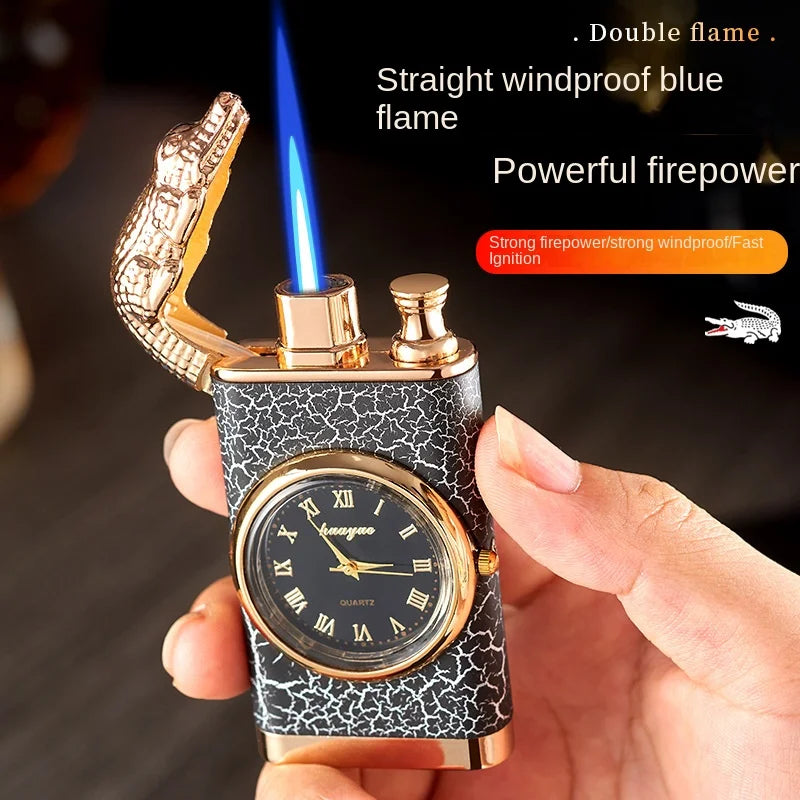 Crocodile Metal Portable Windproof Unusual Wrist Watch Cigarette Cigar Lighters Double Fire Torch Lighter Butane Gas Lighter