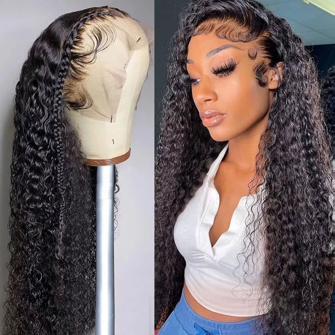 Wigs Human Hair Deep Wave Lace Front Wigs for Black Women 100% Brazilian Human Hair Pre Plucked Lacefront Wig 250% Density Natural Black Color  20 Inch