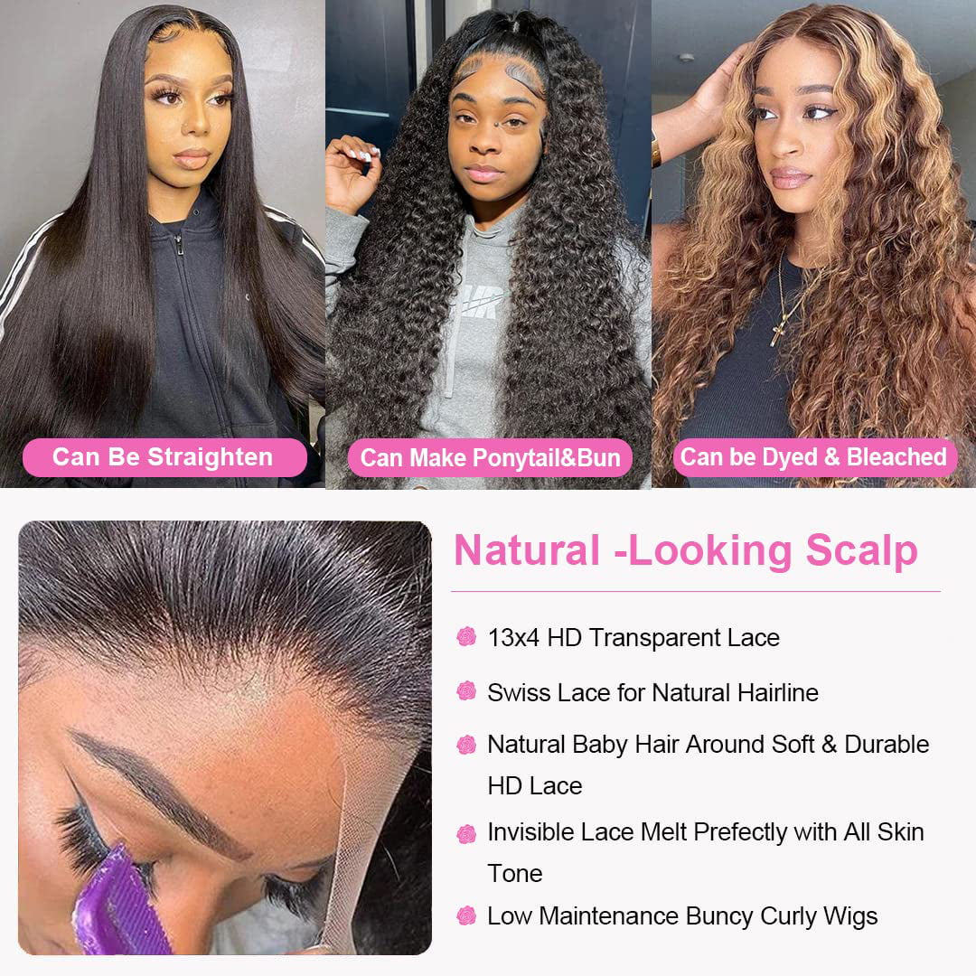 Wigs Human Hair Deep Wave Lace Front Wigs for Black Women 100% Brazilian Human Hair Pre Plucked Lacefront Wig 250% Density Natural Black Color  20 Inch