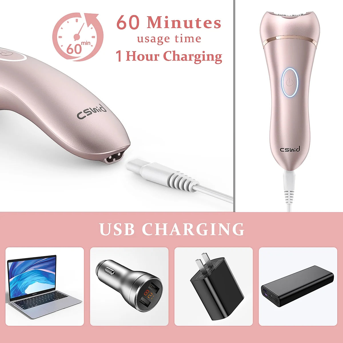 2 in 1 Womens Epilator, Painless Women Electric Shaver IPX6 Waterproof Wet/Dry Lady ​Electric Razor, Cordless Hair Removal USB Recharge for Legs Underarms Face Armpit Bikini Trimmer