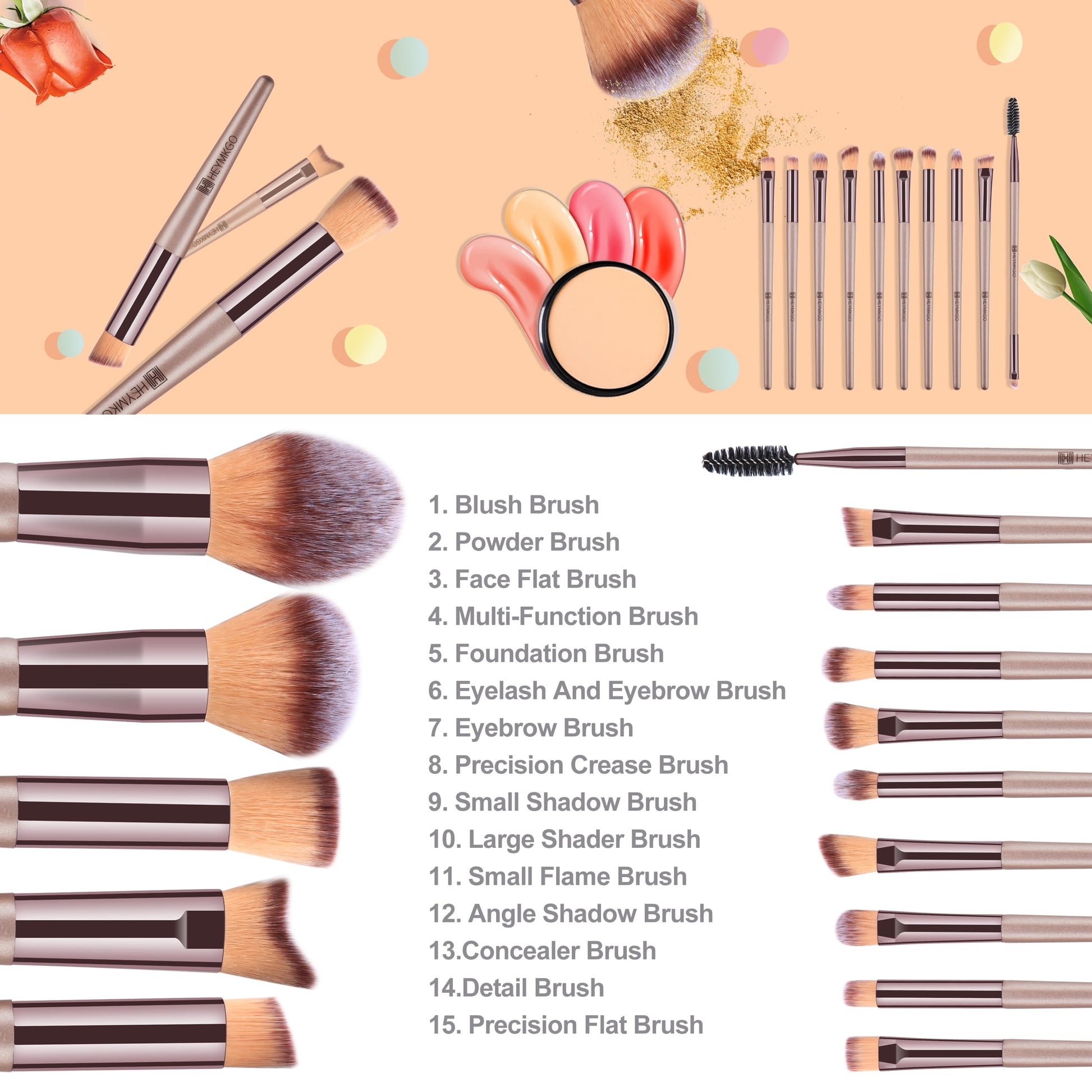 Makeup Brushes 15PCS Champagne Gold Professional Makeup Brush Sets Foundation Brush Blending Powder Blush Concealers Eye Make up Brush Set with PU Leather Cosmetics Bag